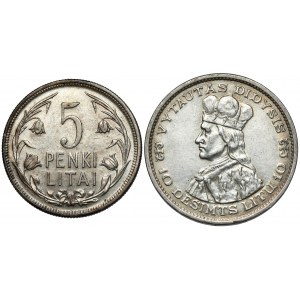 Litauen, 5 litai 1925 und 10 litu 1936, Satz (2Stück)