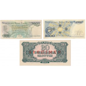 20 Zloty 1944 mit Aufdruck, 1.000 Zloty 1975 + DESTRUKT ? 5.000 Zloty 1988 (3 Stück)