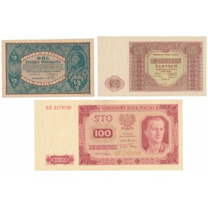 Satz 1/2 mkp 02.1920, 10 und 100 Zloty 1946-48 (3 Stck.)