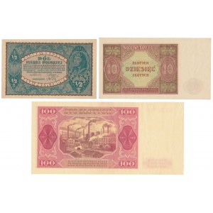 Satz 1/2 mkp 02.1920, 10 und 100 Zloty 1946-48 (3 Stck.)