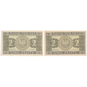 2 Zloty 1936 - mit und ohne Unterdruck, Serie und Nummerierung (2Stück)