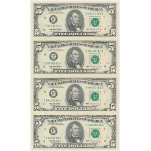 USA, 5 Dollars 1995 - uncut 4 pieces in a dedicated album