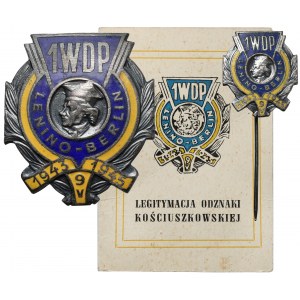 PRL, Odznaka Kościuszkowska 1WDP Lenino Berlin + miniatura i legitymacja
