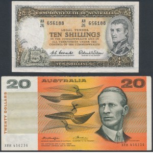 Australien, 10 Schilling und 20 Dollar (1961-1976) - Satz (2 St.)