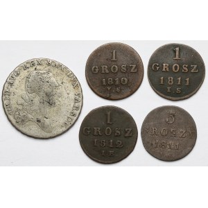 Księstwo Warszawskie, 1-5 groszy 1810-1812 i 1/3 talara 1812, zestaw (5szt)