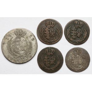 Księstwo Warszawskie, 1-5 groszy 1810-1812 i 1/3 talara 1812, zestaw (5szt)