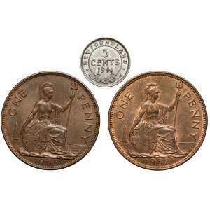 Anglia, Jerzy VI, 1 penny - 5 centów 1937-1941, zestaw (3szt)