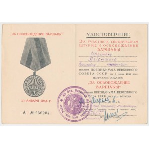 USSR, Legitimation for the Medal for the Liberation of Warsaw