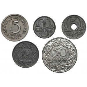 5 fenigów 1917 i 1-50 groszy 1923-1939, zestaw (5szt)