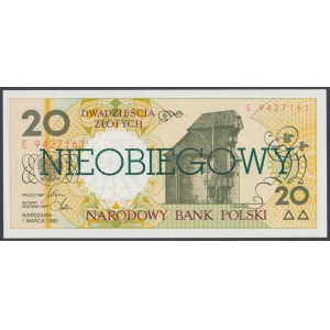 Miasta Polskie, 20 złotych 1990 - NIEOBIEGOWE - ZIELONY NADRUK - w kartce z kalendarza