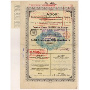 LABOR Tow. of Enamel and Workshop Acc., 500 francs = 125 rubles 1896