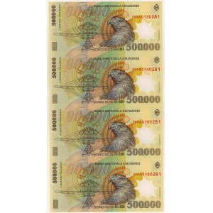 Romania, 500.000 Lei 2001 - Polymer - Uncut Strip of 4 with certificate