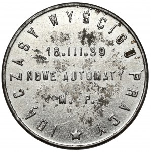 Žetón poľskej mincovne 1939 - NOWE AUTOMATY M.P. - 50 groszy disk 1938
