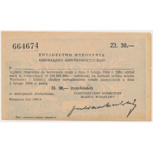Świadectwo Kontrybucji 30 złotych 1944