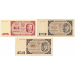 Zestaw 100 zł i 2x 500 zł 1948 (3szt)