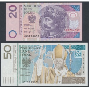 20 zlotých 1994 - YB (náhradná séria) a 50 zlotých 2006 Ján Pavol II (2ks)