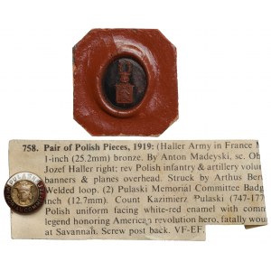 Patriotische Anstecknadel Pulaski + Siegelaufdruck mit kirchlichem Wappen (2 Stück)