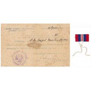 PSZnZ, Certificate of Right to Wear War Medal + piece of ribbon (for the badge)