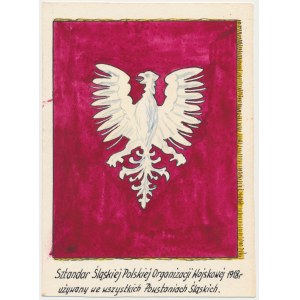 Kolorowa karta formatu pocztówki ze Sztandarem Śląskiej Organizacji Wojskowej 1918