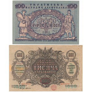 Ukrajina, 100 hřiven a 1 000 karbowańců 1918-1920 (2ks)
