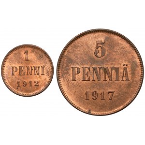 Finland / Russia, Nicholas II, 1-5 penniä 1912-1917 (2pcs)