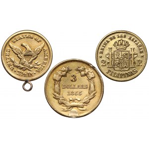 USA, 2 1/2 - 3 doláre 1855-1871 a Filipíny, 2 pesos 1861 (3ks)