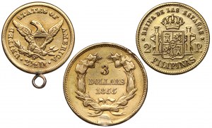 USA, 2 1/2 - 3 dollars 1855-1871 and Philippines, 2 pesos 1861 (3pcs)