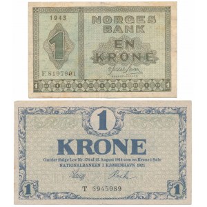 Norsko, 1 koruna 1943 a Dánsko, 1 koruna 1921 (2ks)