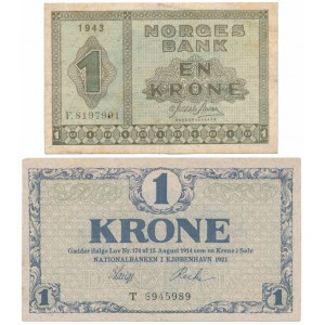 Norwegen, 1 Krone 1943 und Dänemark, 1 Krone 1921 (2Stück)