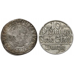 Prusko, Albrecht Hohenzollern, haléř 1537 a 10 feniků 1923, sada (2ks)