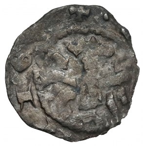 Kazimír III. Veliký, krakovský denár - Přilba, s nápisem na aversu