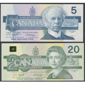 Kanada, 5 dolarů 1986 a 20 dolarů 1991 (2ks)
