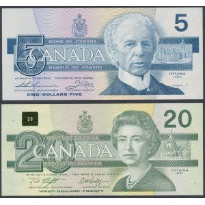 Kanada, 5 Dollars 1986 i 20 Dollars 1991 (2szt)