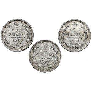 Russia, Alexander III, 5 kopeks 1888-1892, lot (3pcs)