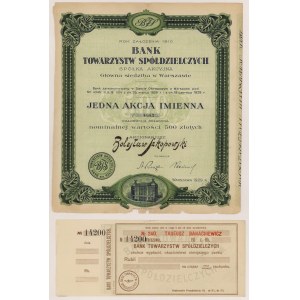 Banka družstiev, 500 zlotých 1929 - menovite + šek (2ks)