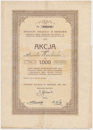 Syndykat Rolniczy w Krakowie, Em.1, 1.000 mkp 1922 - imienna