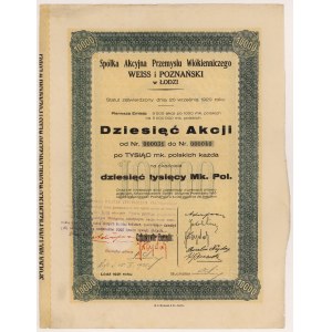 WEISS a POZNAŃSKI Sp. Akc. textilného priemyslu, Em.1, 10x 1000 mkp 1921