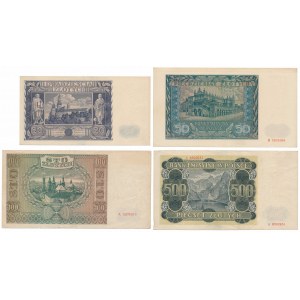 Sada bankovek 20 zlotých z roku 1936 a okupace (4ks)