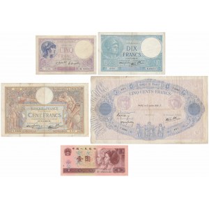 France - set of banknotes & China 1 Yuan 1996 (5pcs)