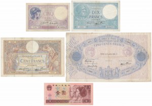 Francja, zestaw banknotów MIX i Chiny 1 Yuan 1996 (5szt)