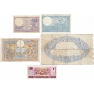 Francja, zestaw banknotów MIX i Chiny 1 Yuan 1996 (5szt)