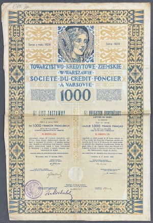Warsaw, TKZ, Pledge letter 1,000 francs 1929