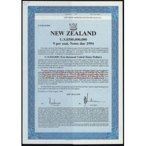 New Zealand, SPECIMEN 10,000 Dollars Bonds 1989