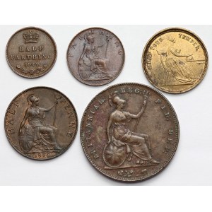 Anglie, 1/2 farthingu, penny + žeton 1842-1900, šarže (5ks)