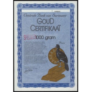 Surinam, Goud Certifikaat, 1000 gramov - SPECIMEN Powisi