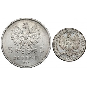 Nike 5 złotych 1928 i Żaglowiec 2 złote 1936, zestaw (2szt)