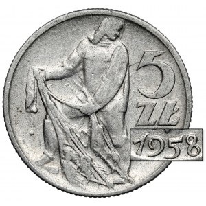 Rybak 5 złotych 1958 - wąska ósemka - słoneczko i zanikający sznur