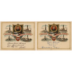 Patriotisches TELEGRAMM mit Wünschen für das Brautpaar - Karte mit Bildern von Denkmälern für A. Mickiewicz (2 Stück)