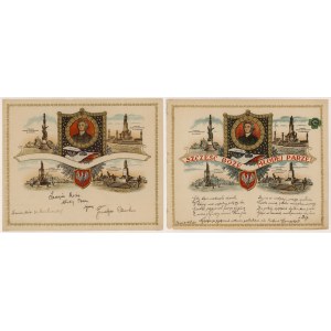 Patriotisches TELEGRAMM mit Wünschen für das Brautpaar - Karte mit Bildern von Denkmälern für A. Mickiewicz (2 Stück)