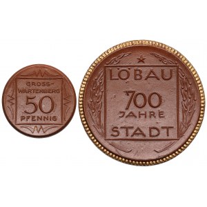 Weimarer Republik, Meißen, 50 Pfennig und Medaillen aus Porzellan, Satz (2Stk)